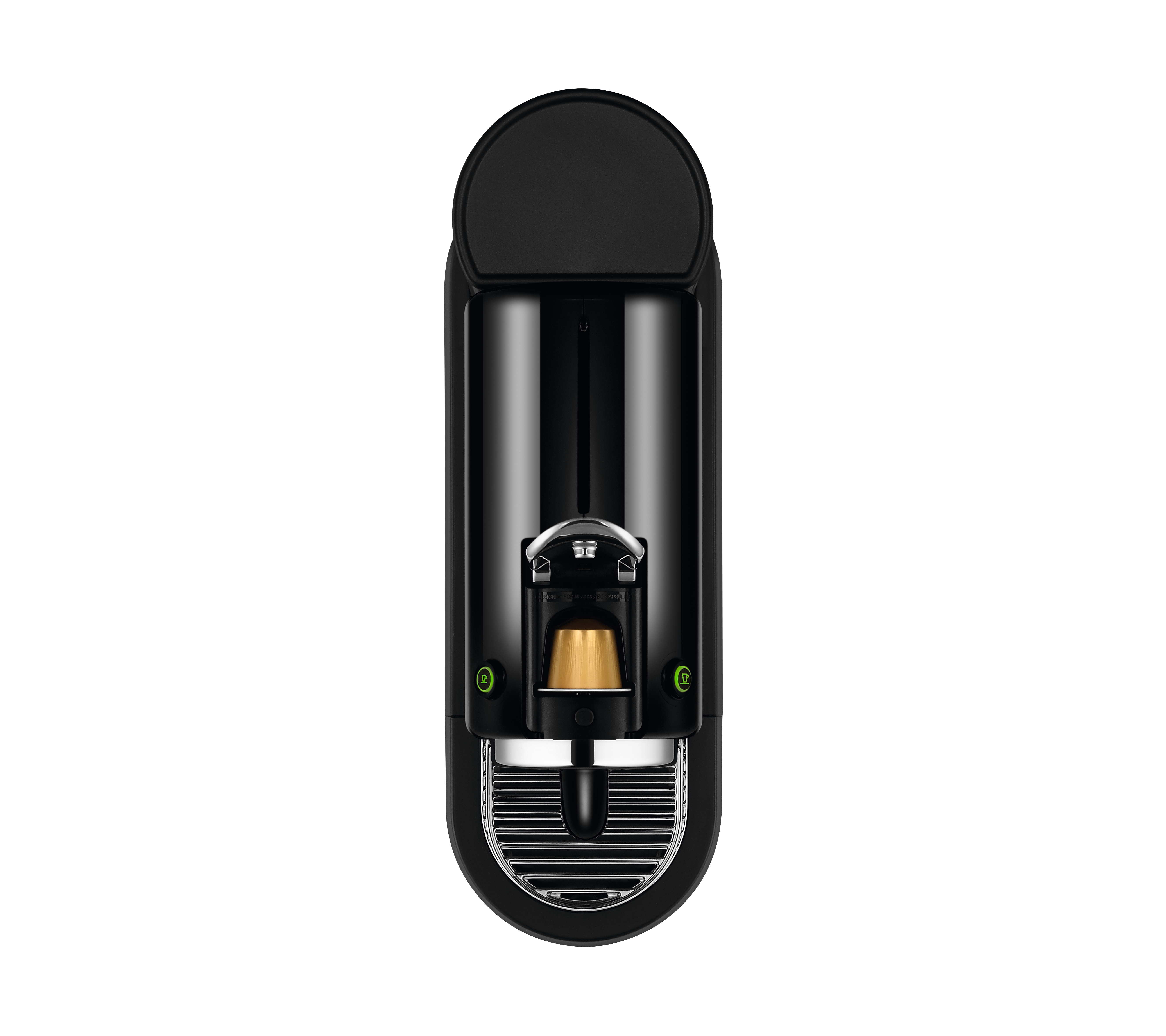 Eine schwarze Nespresso-Maschine steht auf weißem Hintergrund. Es hat eine Kapsel darin. Das Design ist elegant und modern.