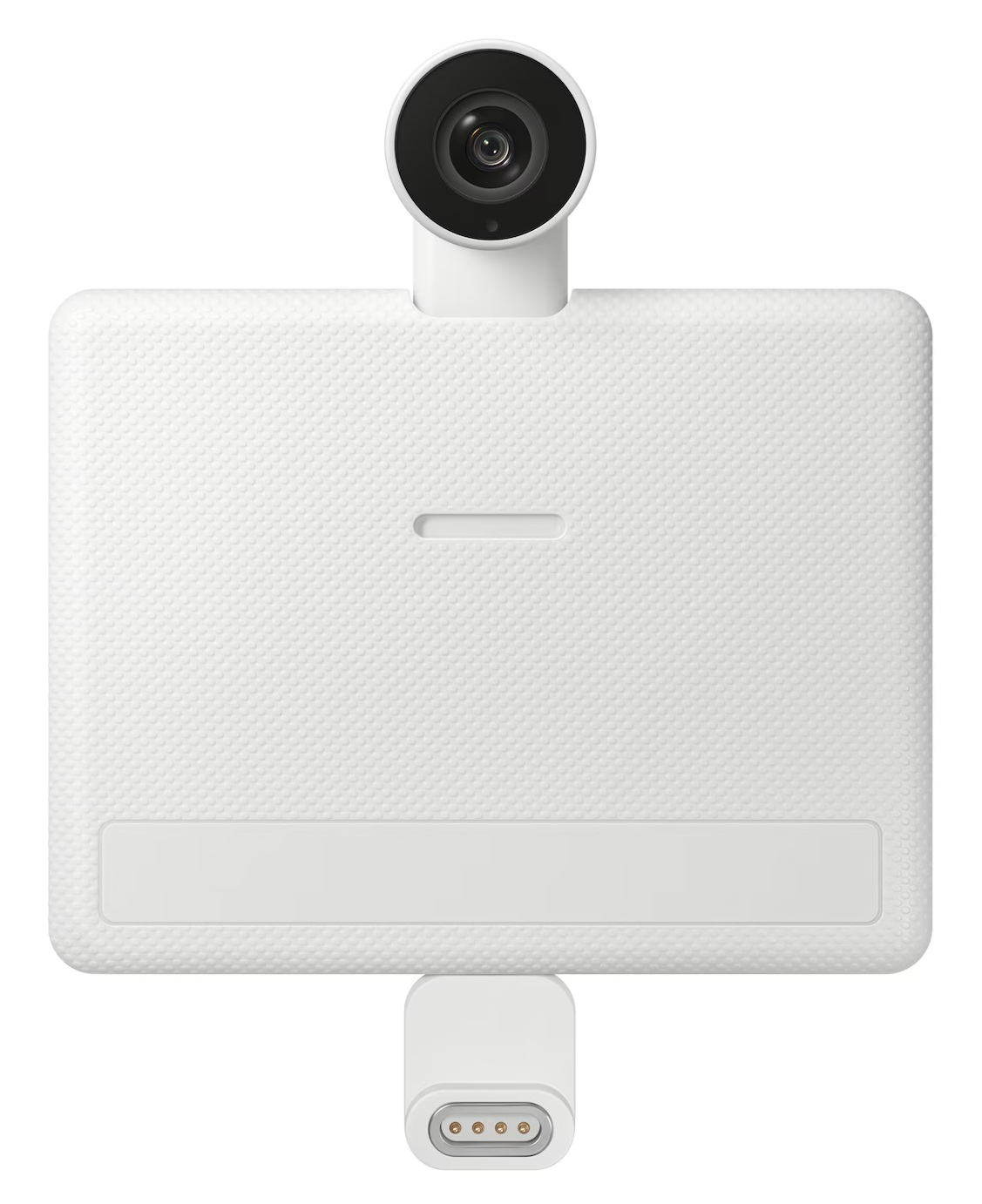Białe urządzenie z kamerą, prostokątnym korpusem i małym, owalnym złączem u dołu. Obiektyw kamery jest czarny.
