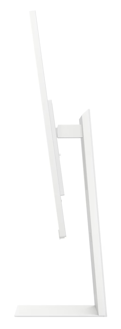 Widok z boku białego monitora komputera. Ma podstawę i ekran. Ekran jest pochylony.