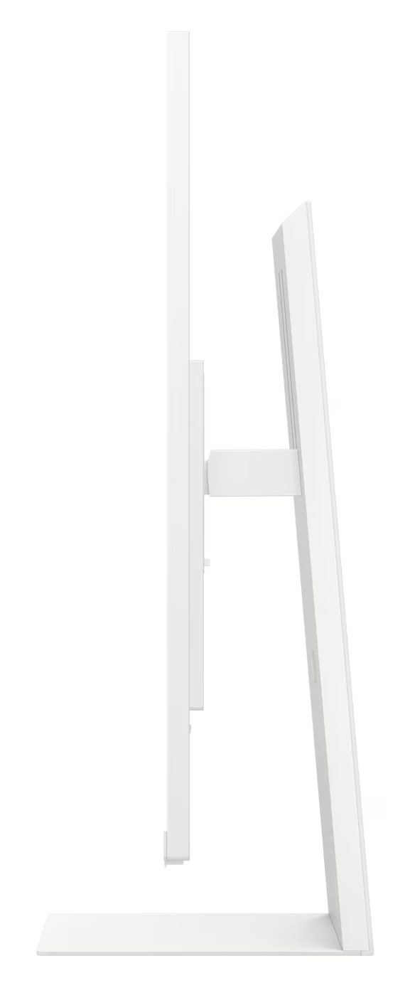 Widok z boku białego monitora komputera, pokazujący ekran, podstawę i ramię wspornika na białym tle.