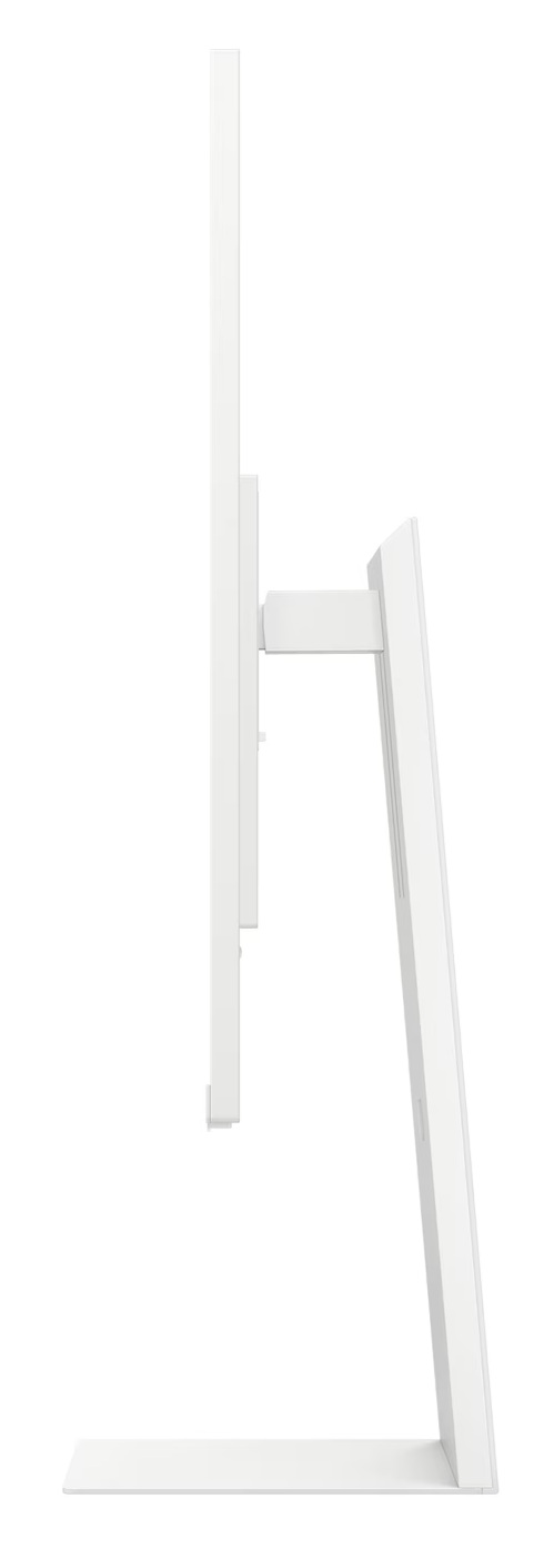 Widok z boku białego monitora komputera. Ma podstawkę, a ekran jest pionowy. Tło jest białe.