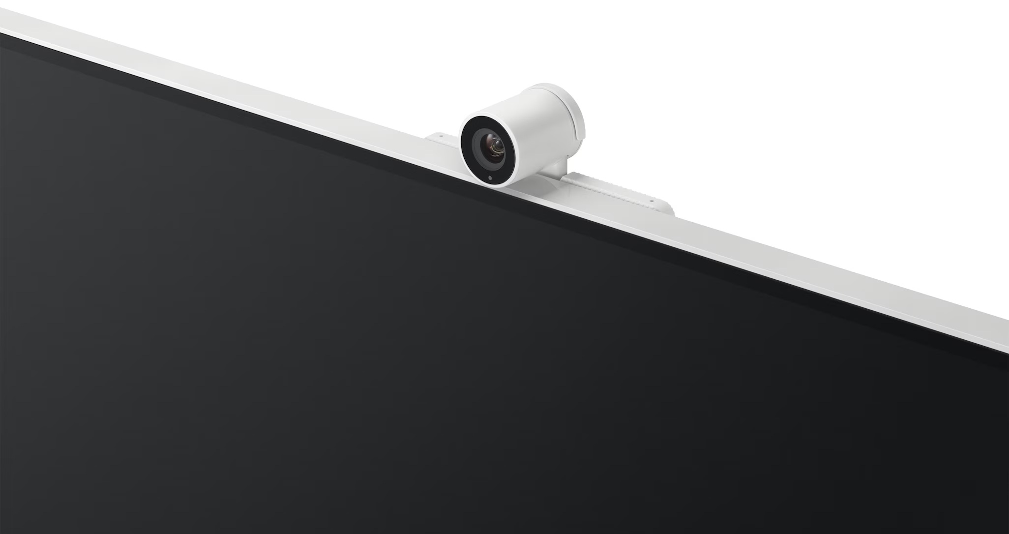 Biała kamera internetowa na czarnym ekranie. Kamera jest cylindryczna z obiektywem. Tło jest białe.