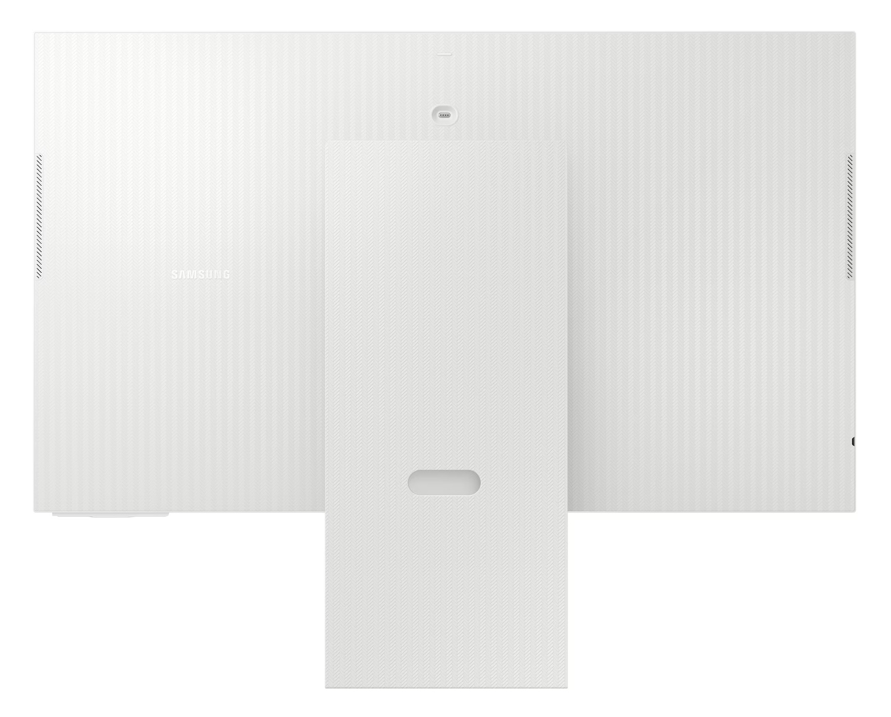 Tył białego monitora ze stojakiem. Ma teksturowaną powierzchnię i widoczne jest logo Samsung.