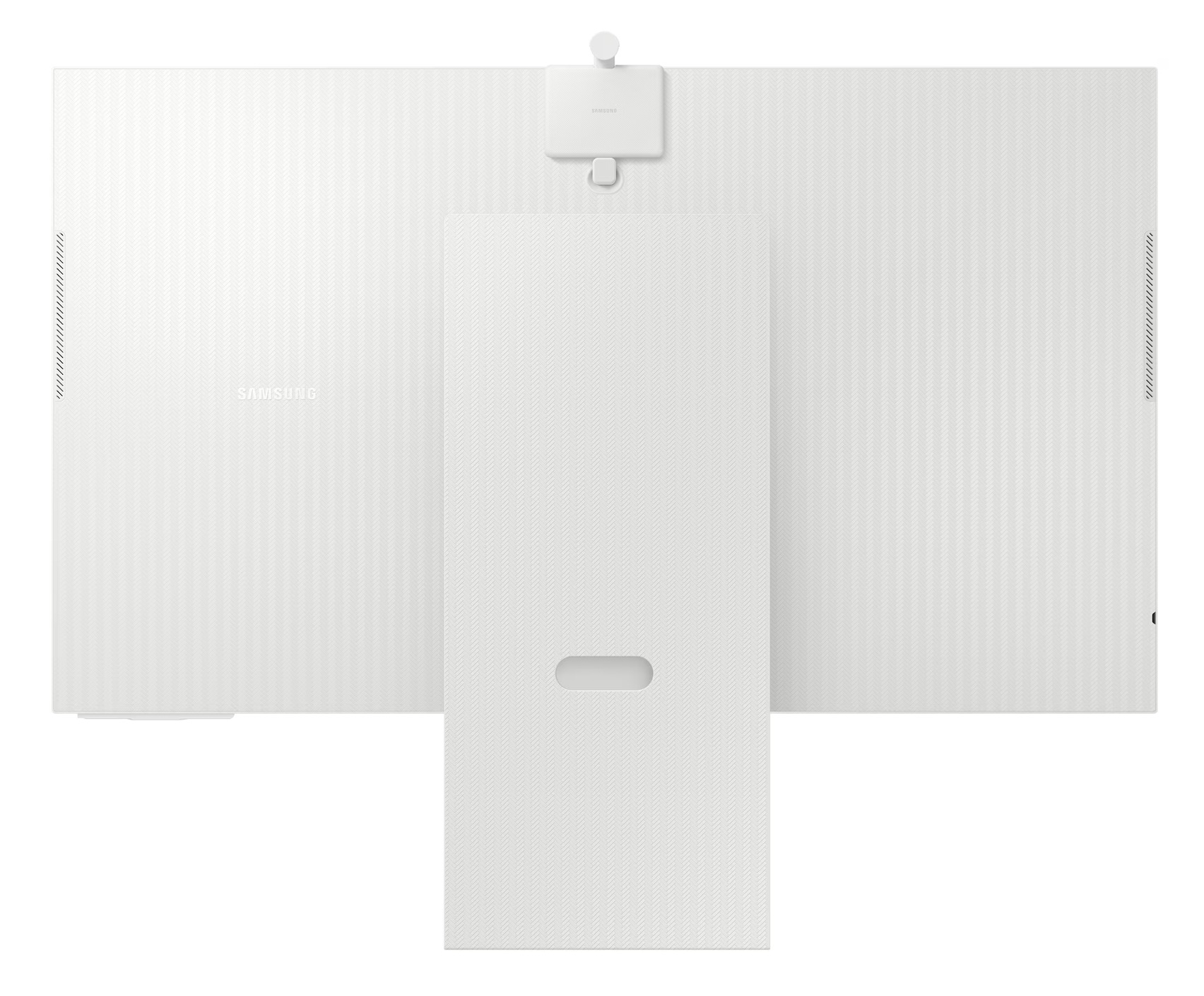 Tył białego monitora Samsung. Ma podstawę, kamerę zamontowaną u góry i teksturowane powierzchnie. Widoczne jest logo Samsung.