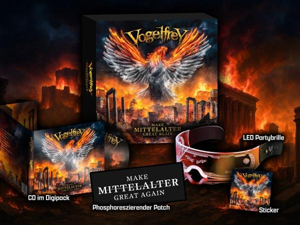Werbebild für Vogelfreys Album mit Albumcover, Aufnäher, LED-Brille und Aufkleber vor feurigem Hintergrund.