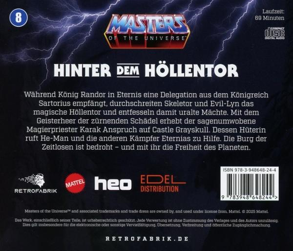 CD-Cover für Masters of the Universe. Titel: Hinter Dem Höllentor. Enthält Logo, Blitze und Text auf Deutsch.