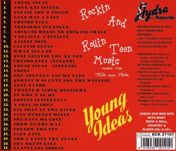 Albumcover mit rotem Hintergrund, weißem Text mit Songliste und Titel 'Rockin and Rollin Teen Music'.