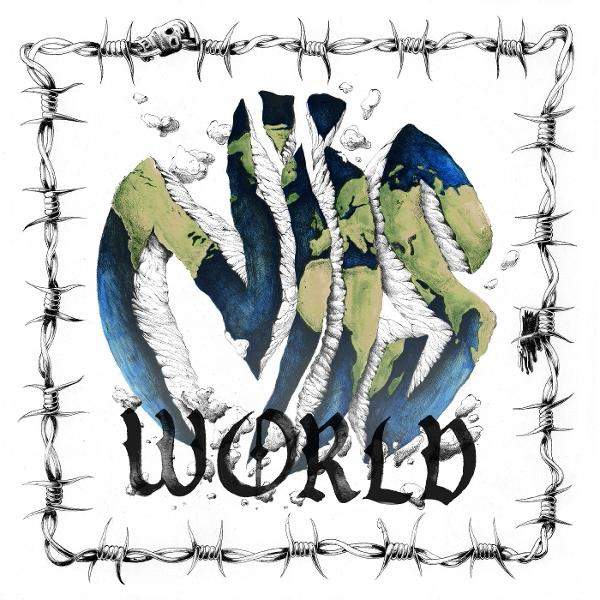Kunstwerk: Erdähnliche Formen in Stacheldraht. Das Wort 'WORLD' darunter. Die erdähnlichen Formen sind blau und grün, mit Wolken.