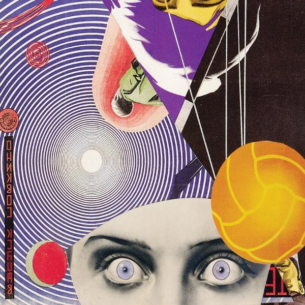 Collage mit Augen einer Frau, konzentrischen Kreisen, geometrischen Formen und einer gelben Kugel. Farben: Lila, Rot, Schwarz, Weiß und Orange.