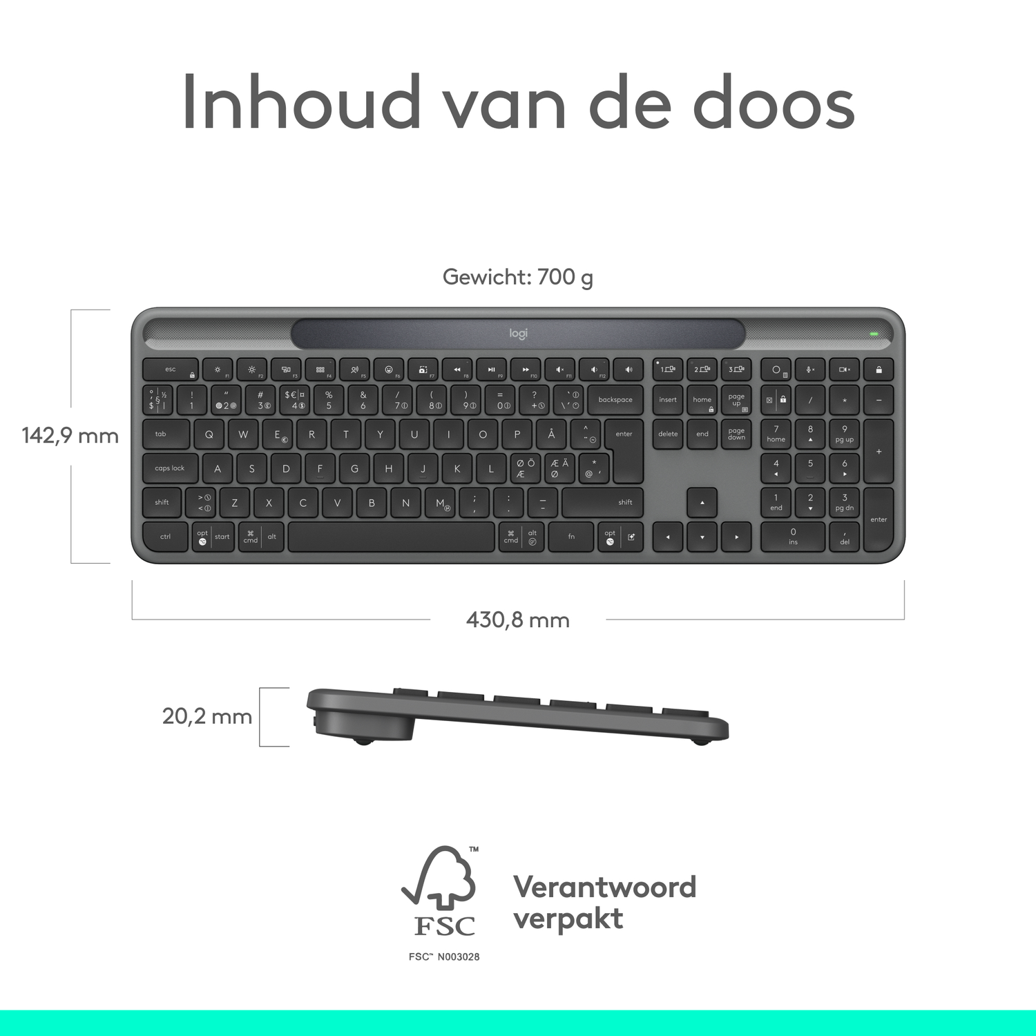 A dark gray keyboard with dimensions, weight, and FSC logo is displayed against a white background.