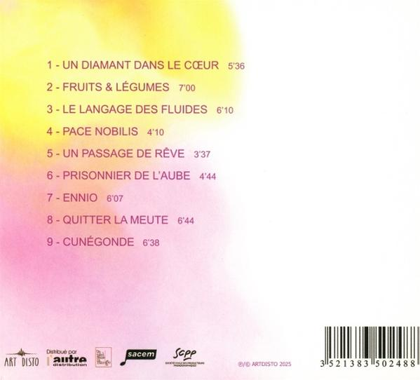 CD-Cover mit Songtiteln und -dauern. Hintergrund ist ein Gradient aus Rosa, Gelb und Weiß. Logos und Barcode unten.