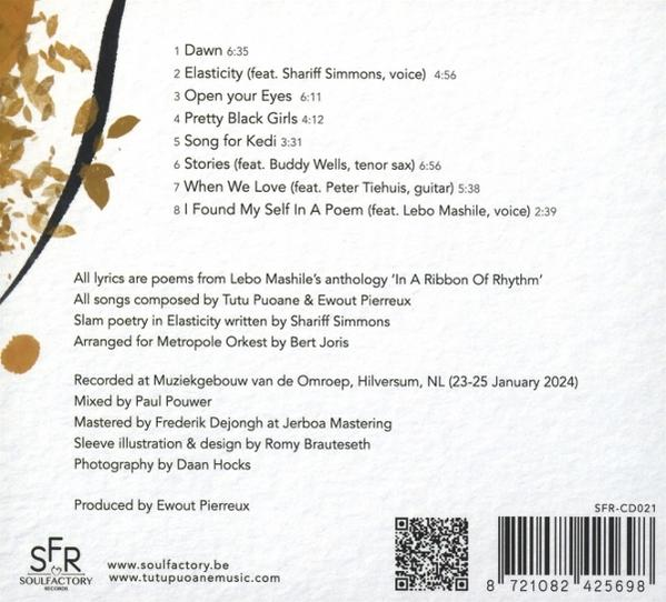 CD-Cover mit Titelliste, Künstlerdetails und Produktionskrediten. Der Hintergrund ist weiß mit abstrakten Blattgoldmustern.