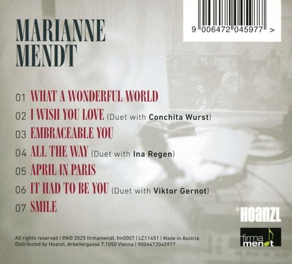 CD-Cover mit Künstlernamen 'Marianne Mendt' und Titelliste. Enthält Songtitel, Künstler und einen Barcode.