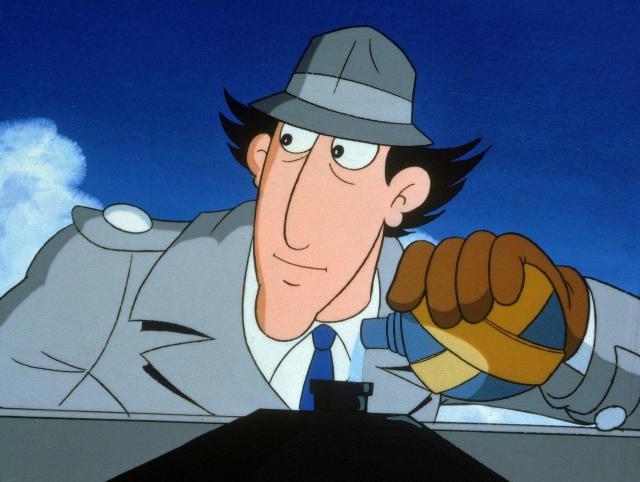 Inspektor Gadget, Zeichentrickfigur, trägt Hut und Trenchcoat und hält ein blaues Gerät vor blauem Himmel.