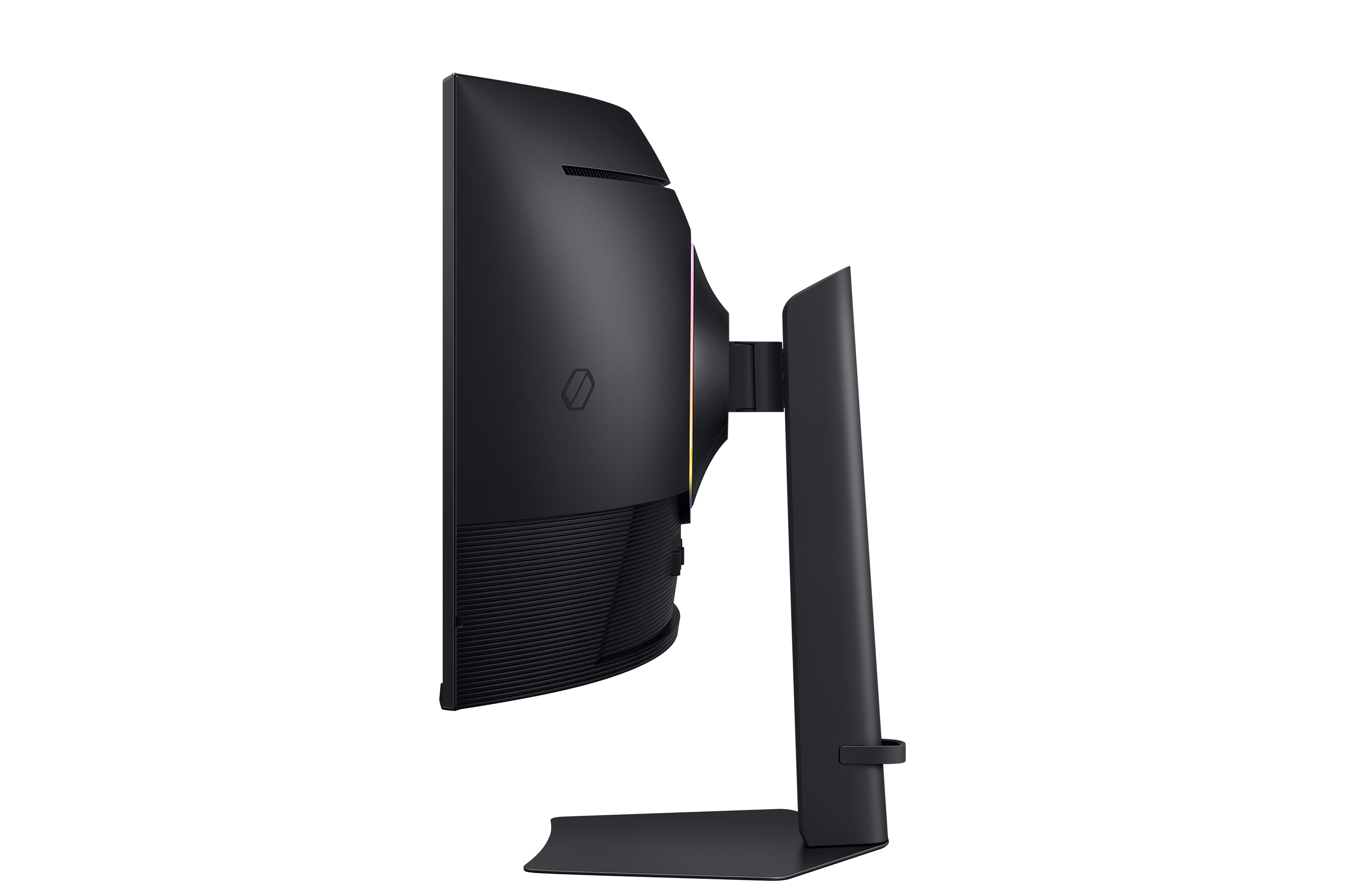 Seitenansicht eines schwarzen, gebogenen Monitors auf schwarzem Hintergrund. Der Monitor wird von einem schwarzen Ständer getragen.