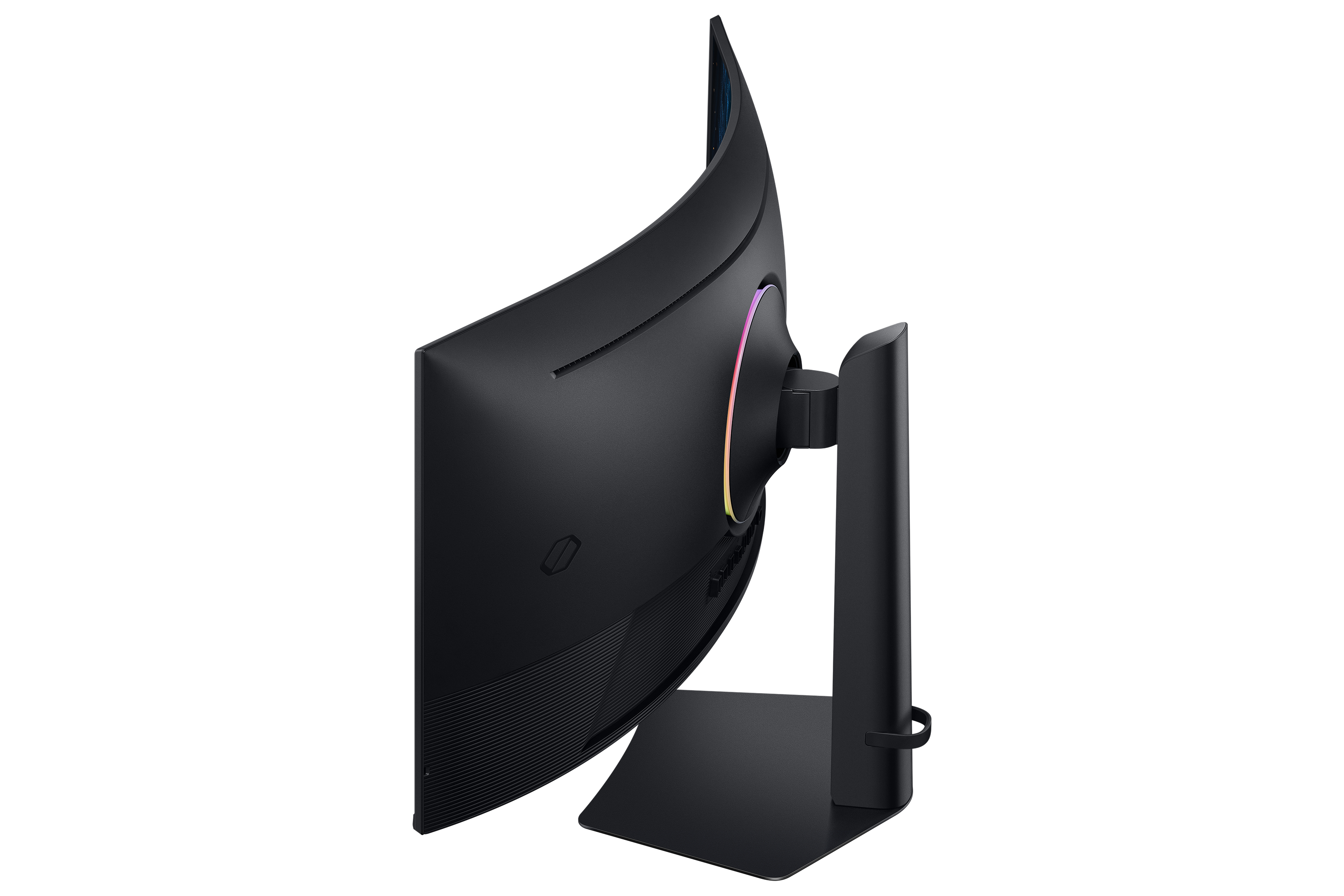 Ein gebogener schwarzer Computermonitor auf schwarzem Hintergrund. Der Ständer ist auch schwarz.
