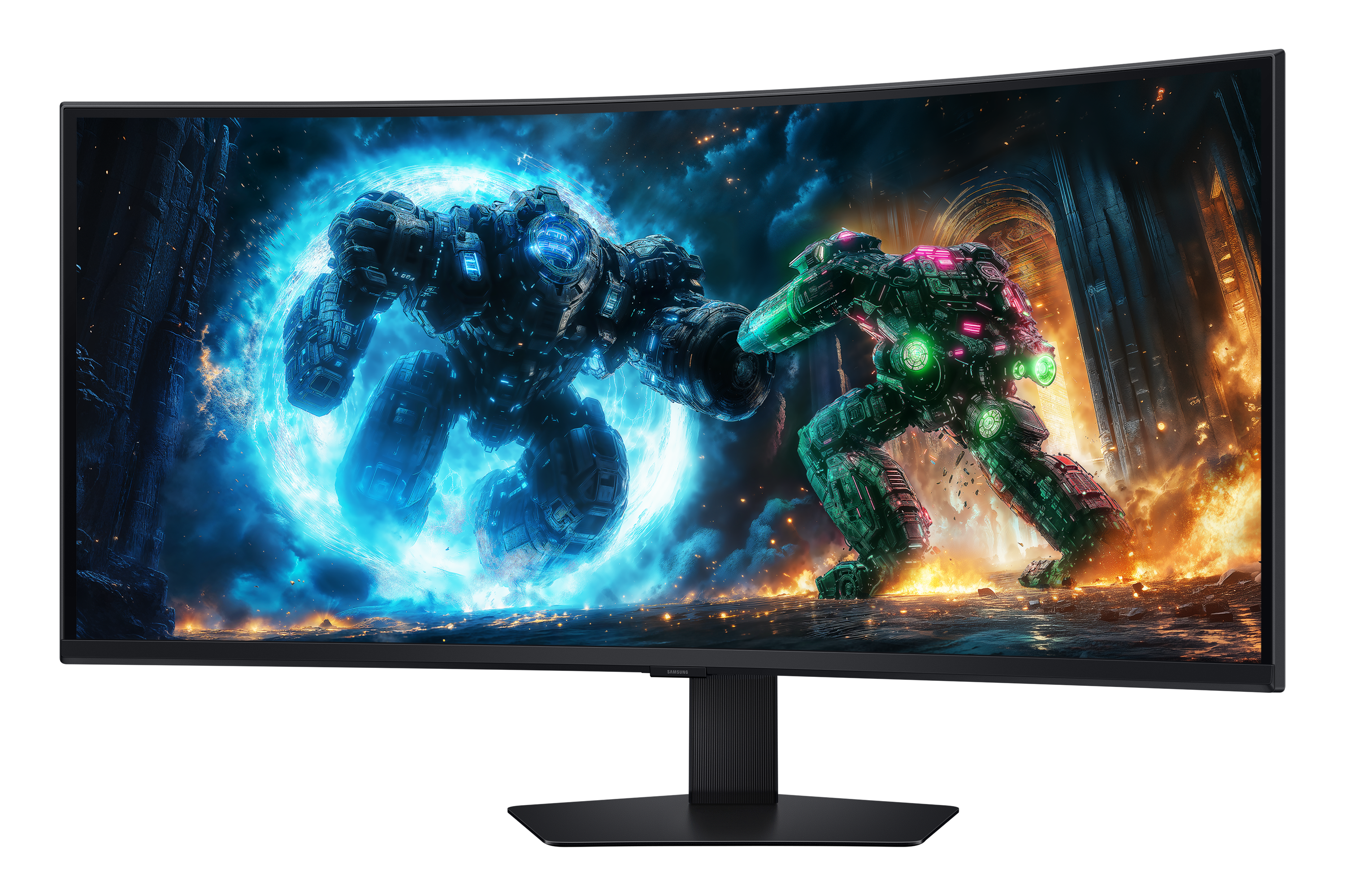 Ein gekrümmter Monitor zeigt eine Science-Fiction-Szene von zwei Robotern, die vor einem kosmischen Hintergrund kämpfen.