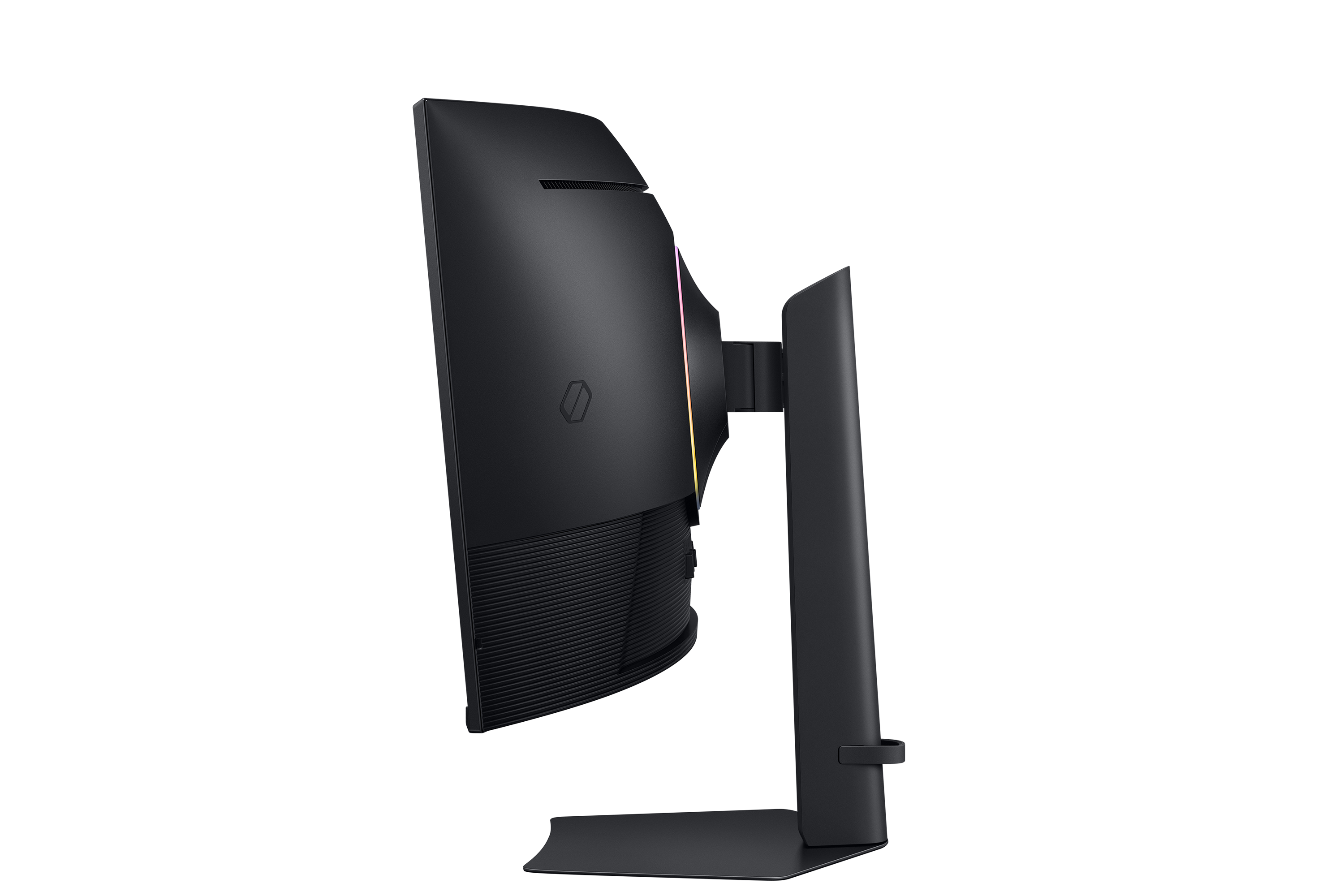Seitenansicht eines schwarzen, gebogenen Monitors mit Ständer auf schwarzem Hintergrund. Auf der Rückseite befinden sich RGB-Leuchten.