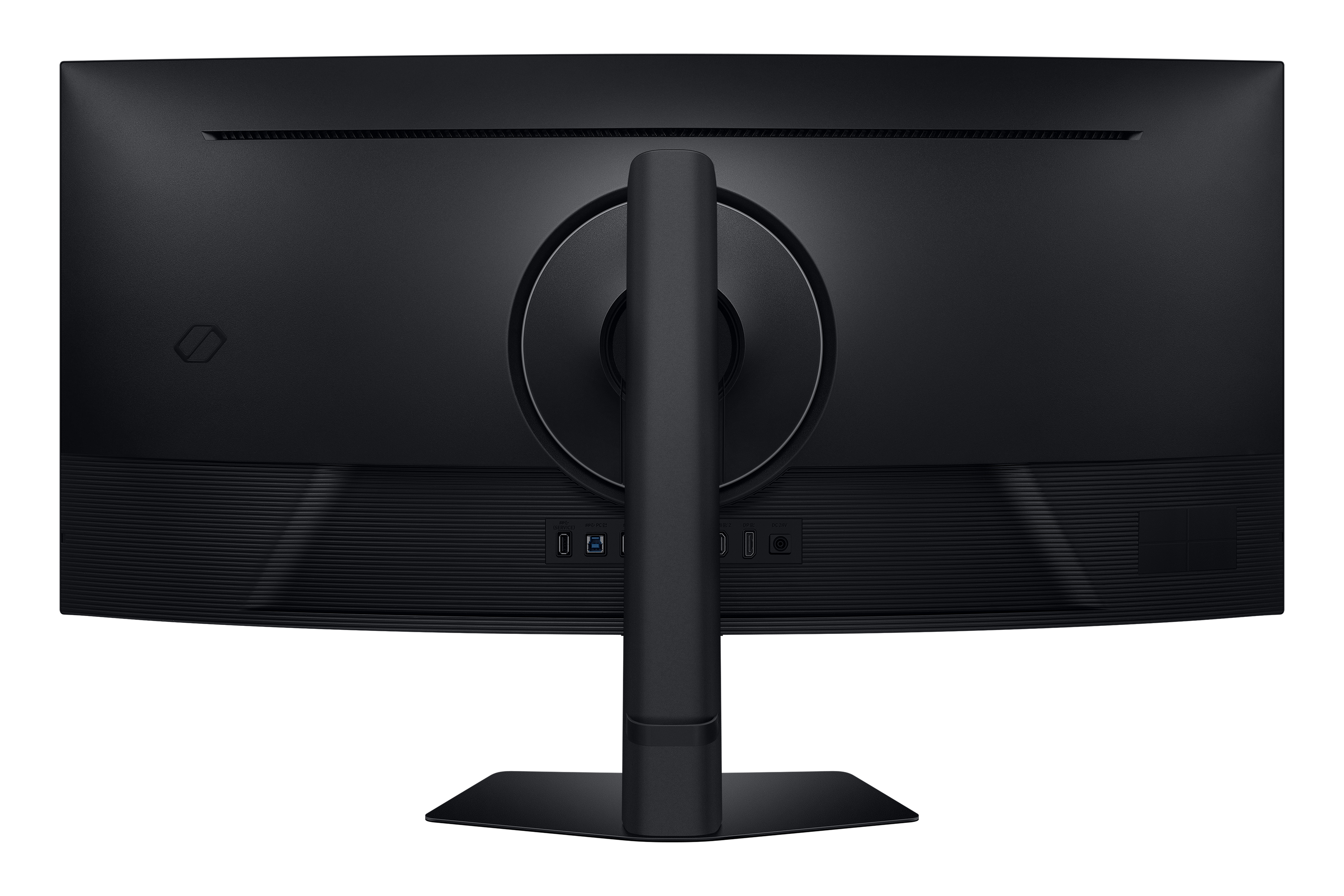Rückseite eines schwarzen, gewölbten Monitors mit Anschlüssen, Ständer und Logo. Der Hintergrund ist schwarz.