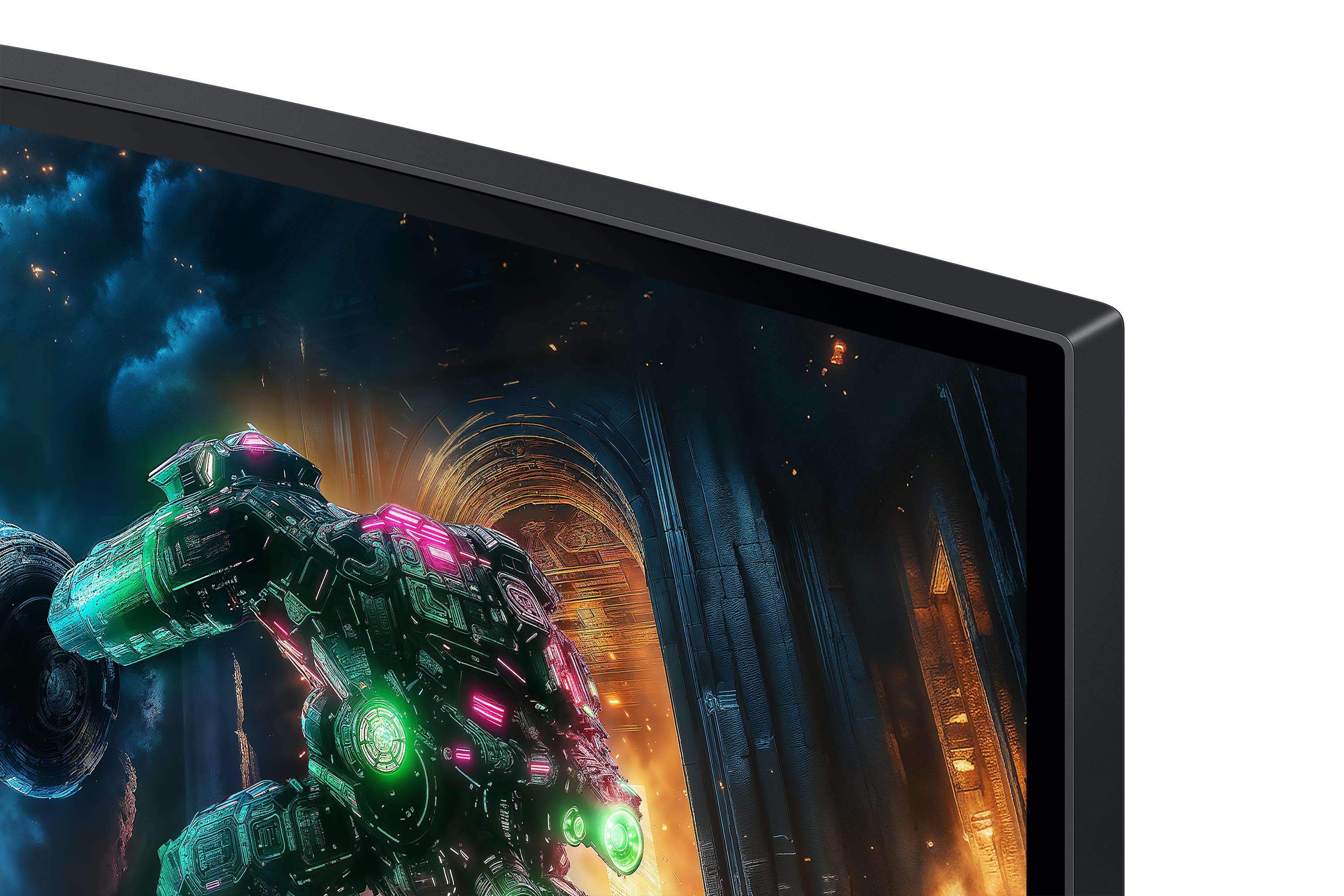 Ein futuristisches Raumschiff mit grünen und rosa Lichtern wird auf einem Monitor vor einem dunklen, feurigen Hintergrund angezeigt.