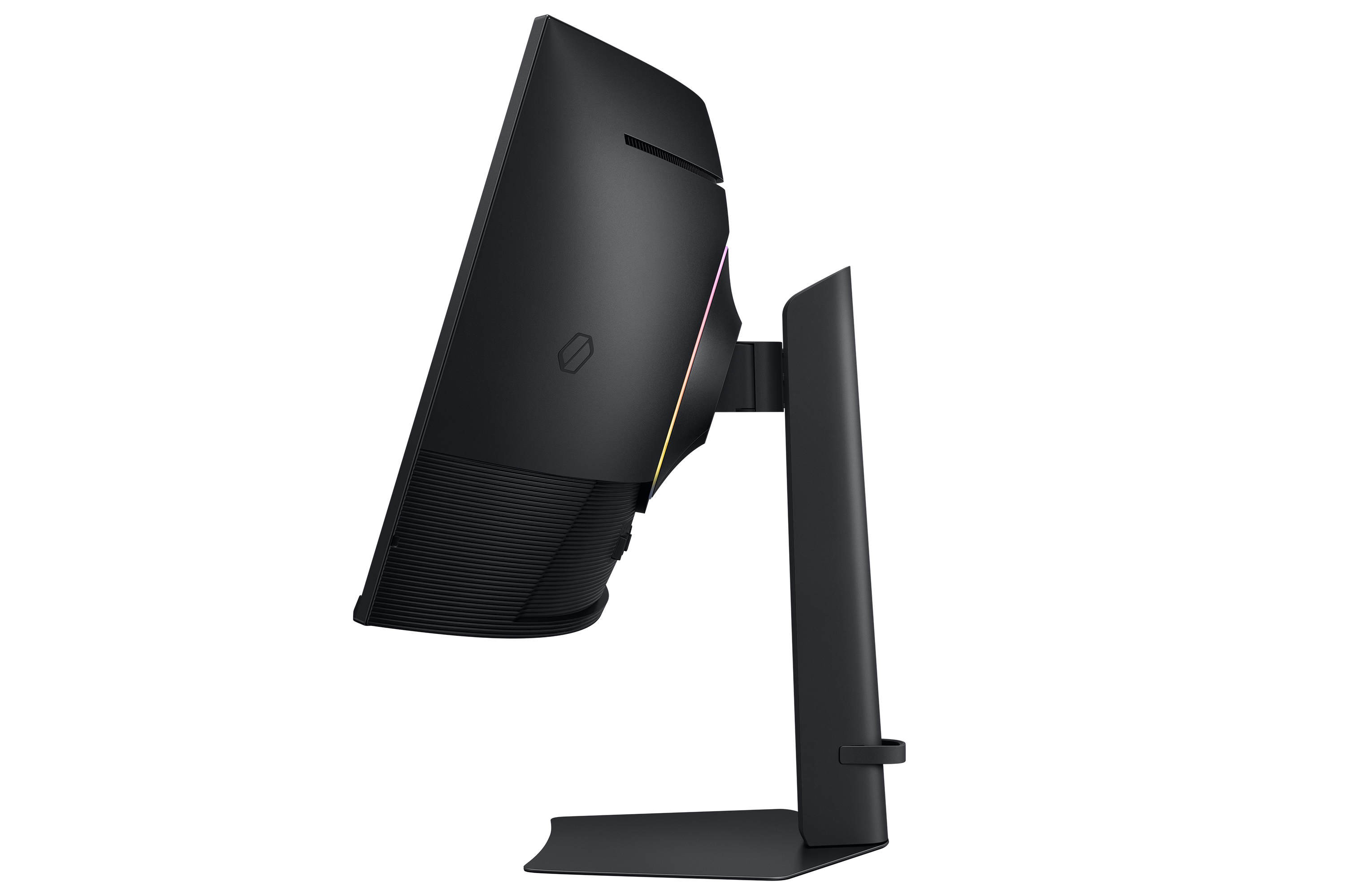 Seitenansicht eines schwarzen Computermonitors auf einem schwarzen Ständer. Die Rückseite hat ein Logo und Belüftungsöffnungen, mit schwarzem Hintergrund.