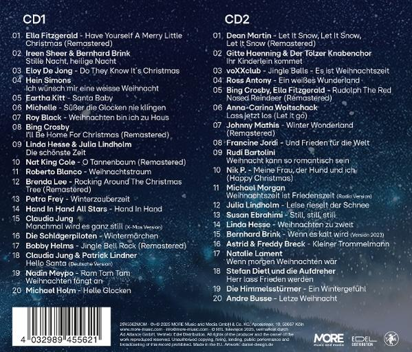 CD-Cover mit Weihnachtsliedern. Text enthält Künstlernamen und Songtitel auf blauem Hintergrund.