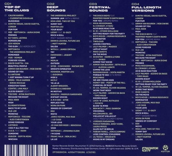 Text auf einer CD-Hülle, listet Musikkünstler und Songtitel auf, mit dem Kontor Records-Logo.