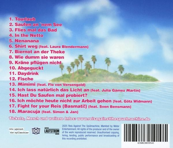 Albumcover mit tropischer Insel-Illustration und Titelliste auf Deutsch. Der Hintergrund ist blauer Himmel und Wasser.