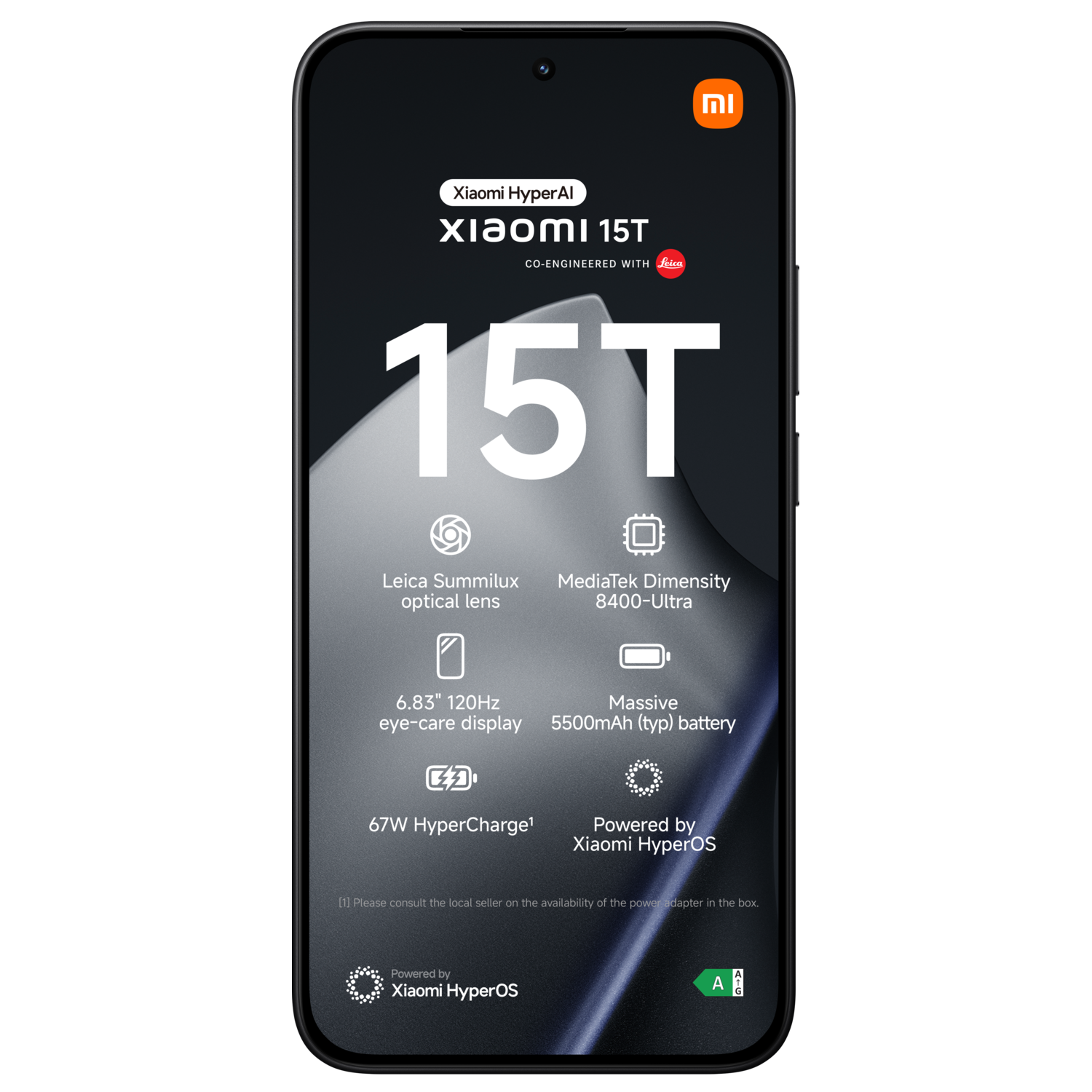 Smartphone scherm toont 'Xiaomi 15T' met specificaties zoals camera, display, batterij en HyperCharge functies.