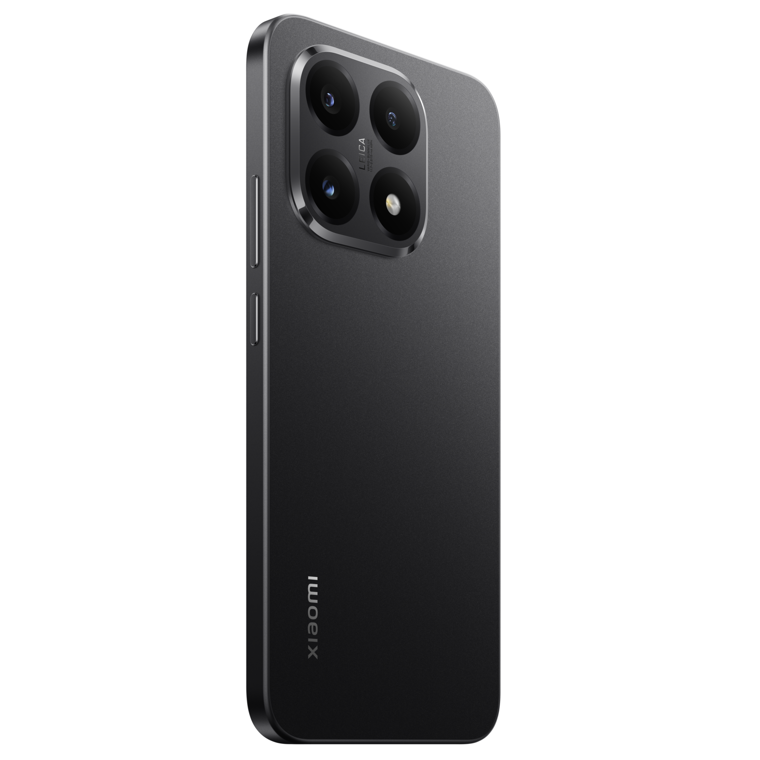 Een zwarte smartphone met vier camera's aan de achterkant en het Leica-logo. Het Xiaomi-logo is zichtbaar op de achterkant. De achtergrond is zwart.