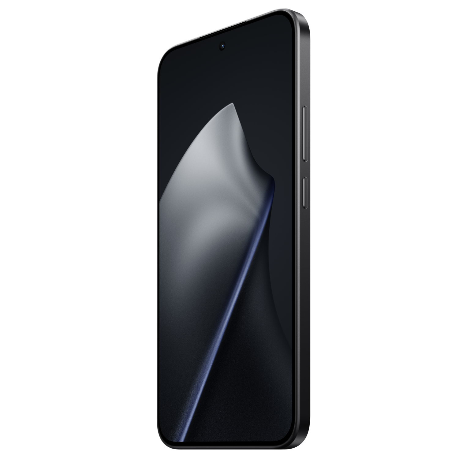 Een strakke zwarte smartphone. Het scherm toont een donker abstract ontwerp met zilveren frame. Volume knoppen zijn zichtbaar.