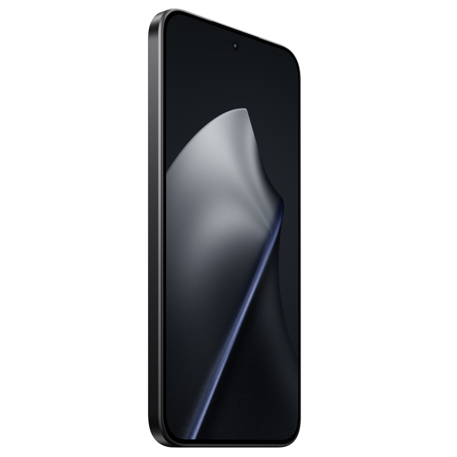 Een smartphone schuin naar rechts, met een zwart scherm met een golvend, abstract ontwerp. De telefoon heeft een metalen frame.