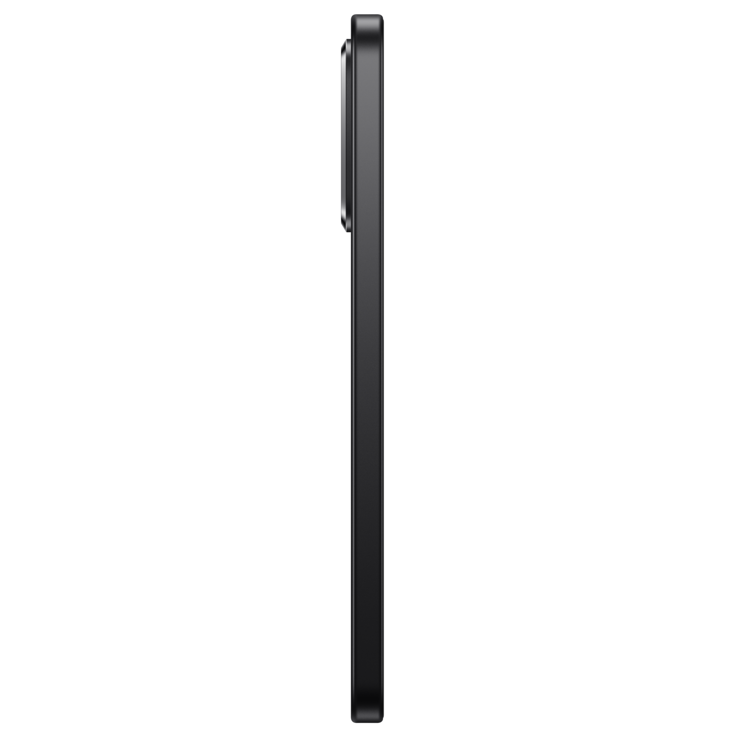 Zijaanzicht van een zwarte smartphone. Het scherm is zwart, met een zilveren camera. De achtergrond is ook zwart.