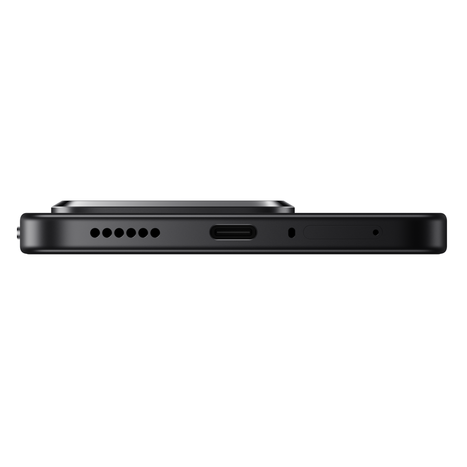 Zijaanzicht van een zwarte smartphone, met luidspreker, USB-C-poort en microfoon. De achtergrond is zwart.