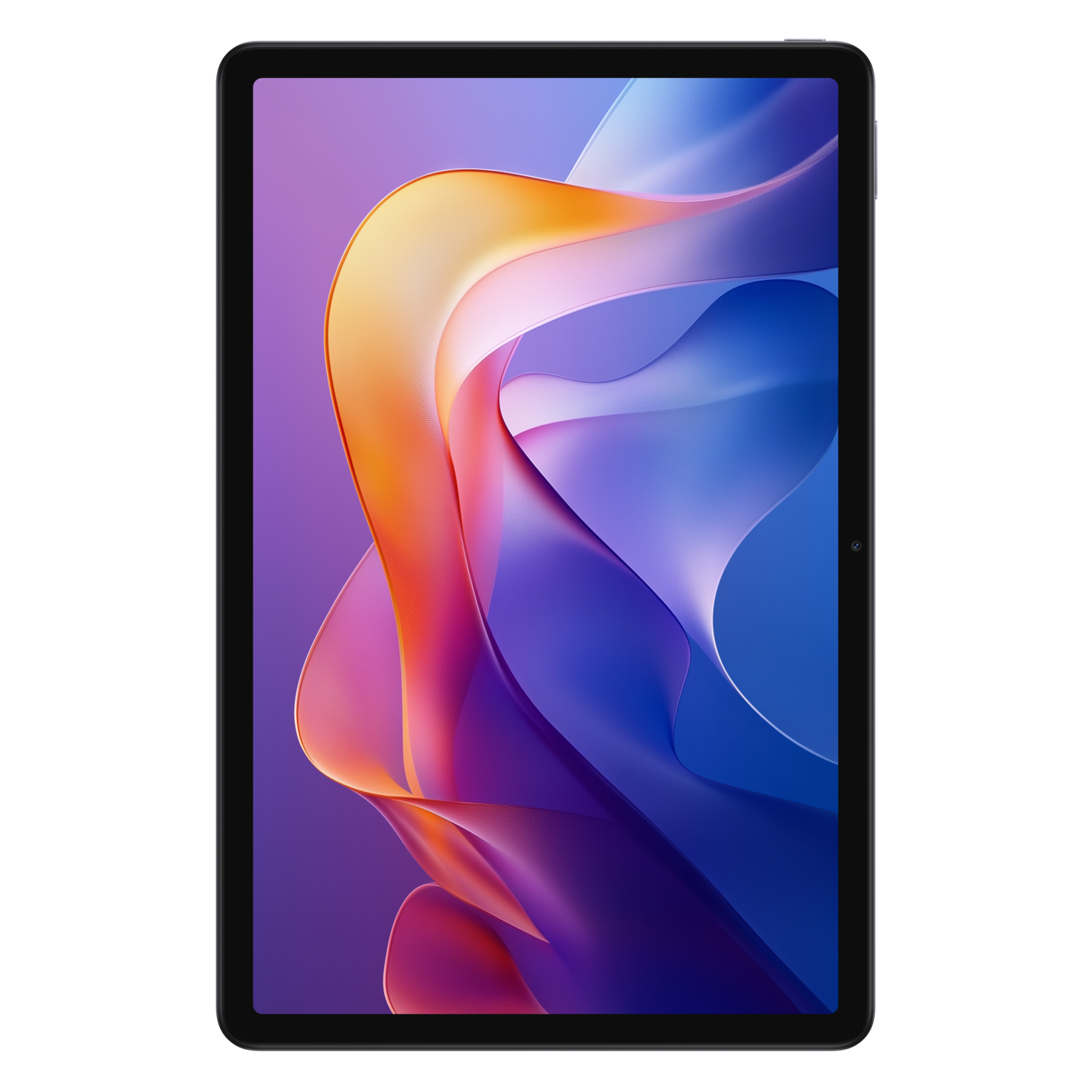 Een tablet met een zwarte rand toont een abstract ontwerp van oranje, paarse en blauwe vloeiende vormen tegen een zwarte achtergrond.