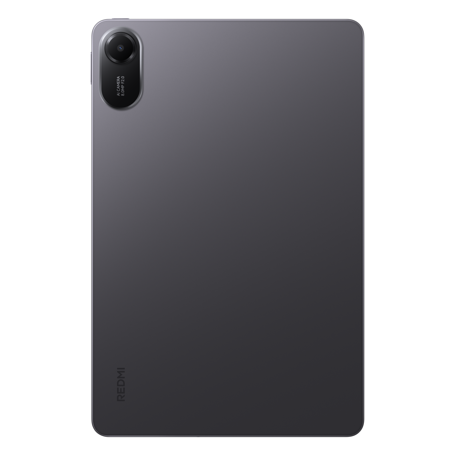Donkergrijze tablet met camera linksboven. Redmi-logo onderaan. Achtergrond effen zwart.