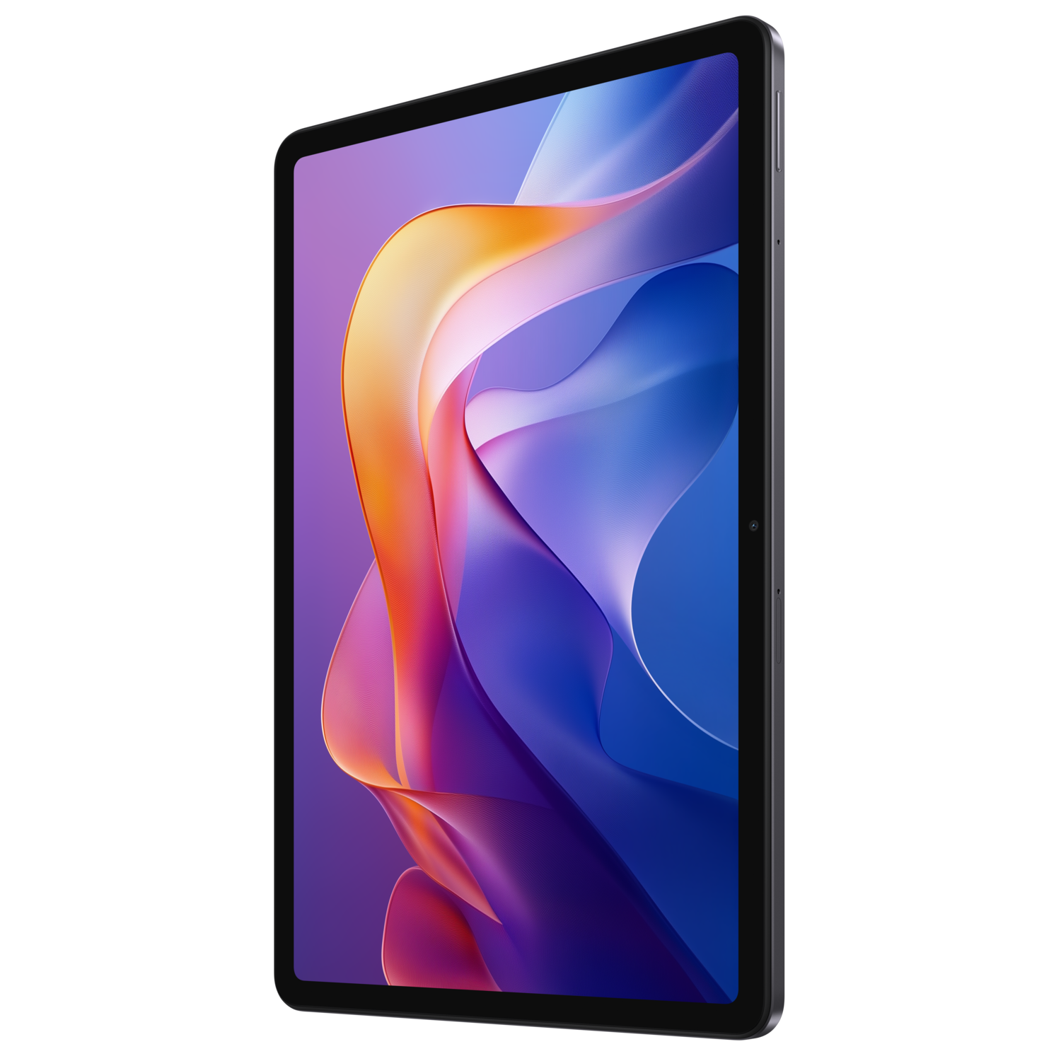 Een tablet op een zwarte achtergrond. Het scherm toont kleurrijke abstracte vormen in oranje, paars en blauw.