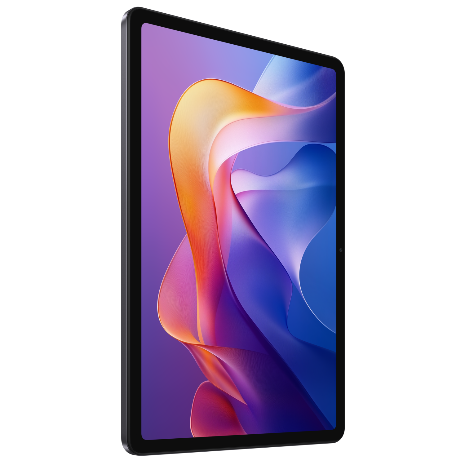 Een tablet met een zwart frame staat iets schuin. Het scherm toont abstracte golven van oranje, paars, blauw en wit tegen een zwarte achtergrond.