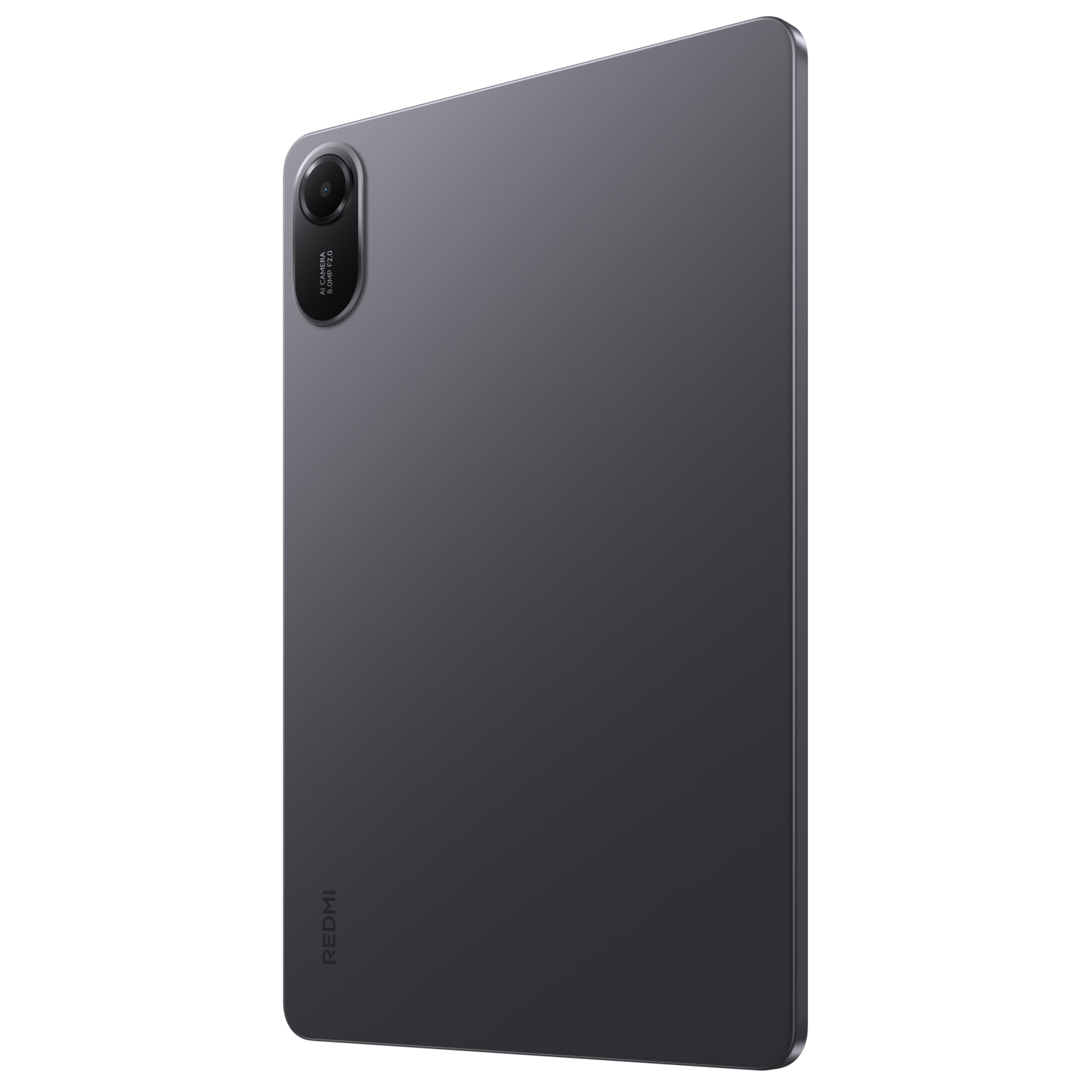 Een grijze tablet met camera op een zwarte achtergrond. Het merk 'REDMI' staat verticaal op de zijkant.