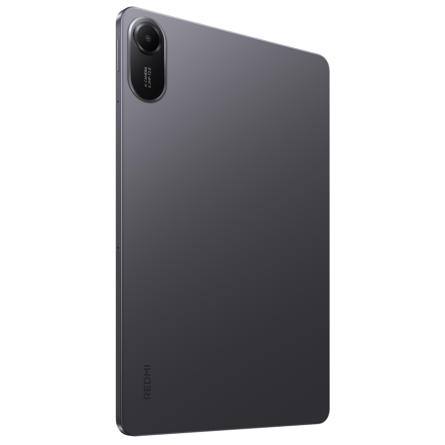 Een donkergrijze tablet met een cameramodule en het woord REDMI. De achtergrond is zwart.