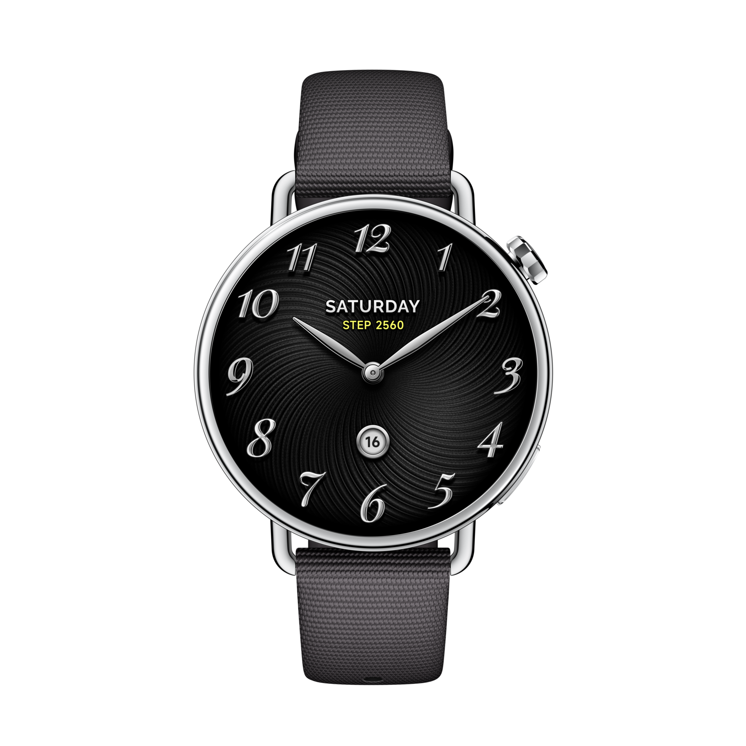 Une montre-bracelet avec un cadran noir et des chiffres argentés. Le bracelet est gris. Le fond est noir.