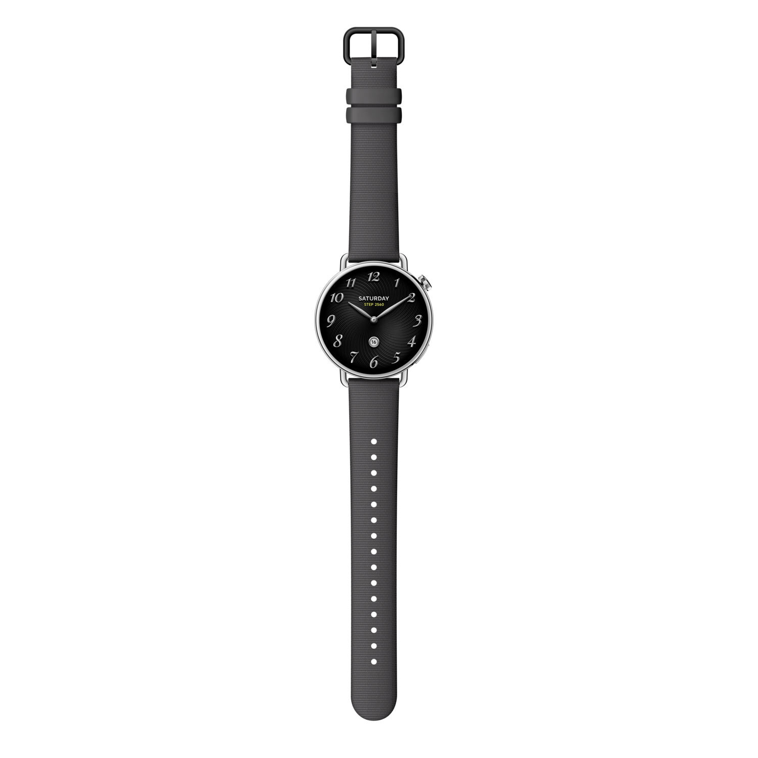 Une montre argentée avec un cadran noir et un bracelet gris. La montre affiche l'heure, la date et le jour. Le fond est noir.