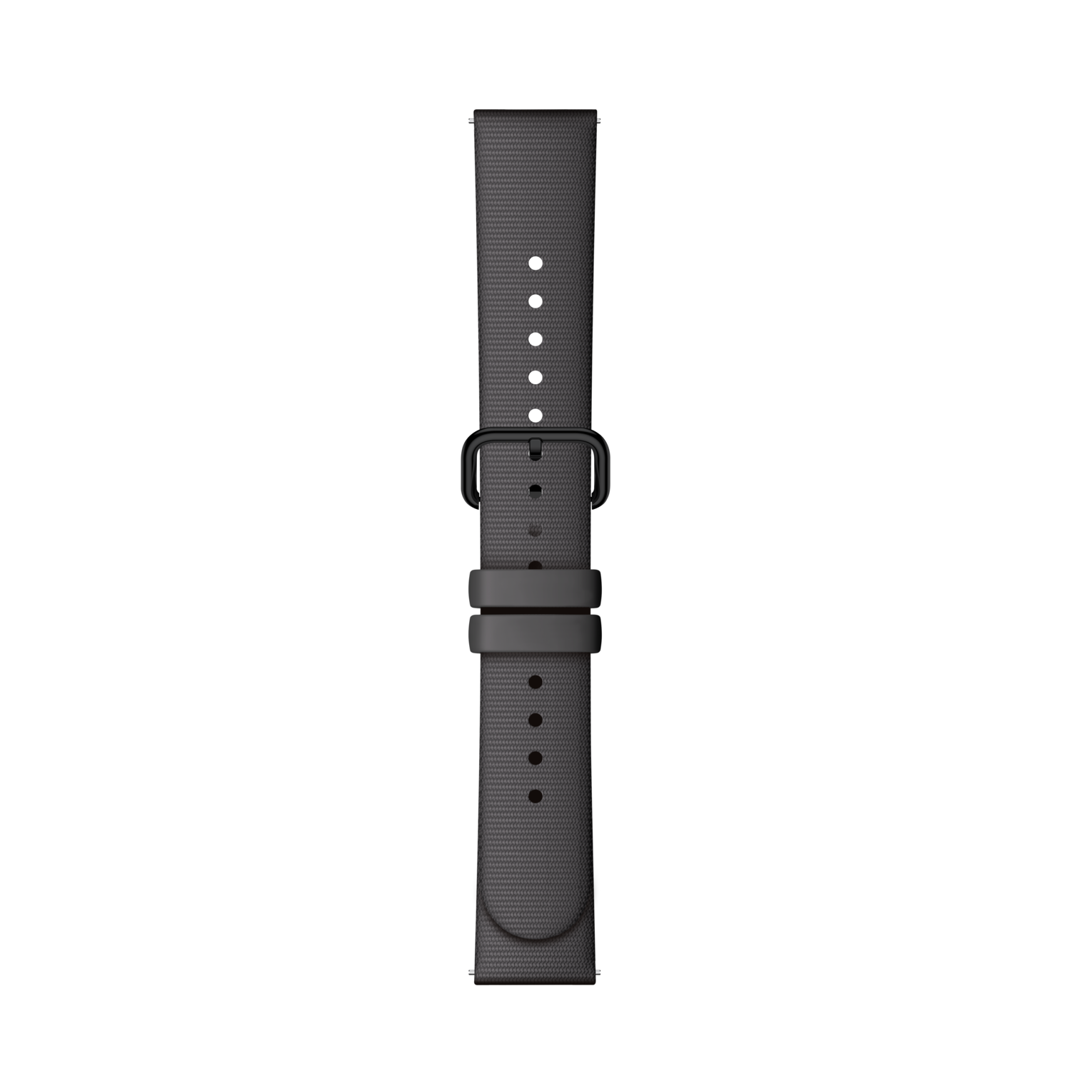 Un bracelet de montre gris foncé avec une boucle noire est centré sur un fond noir. Le bracelet a des trous.