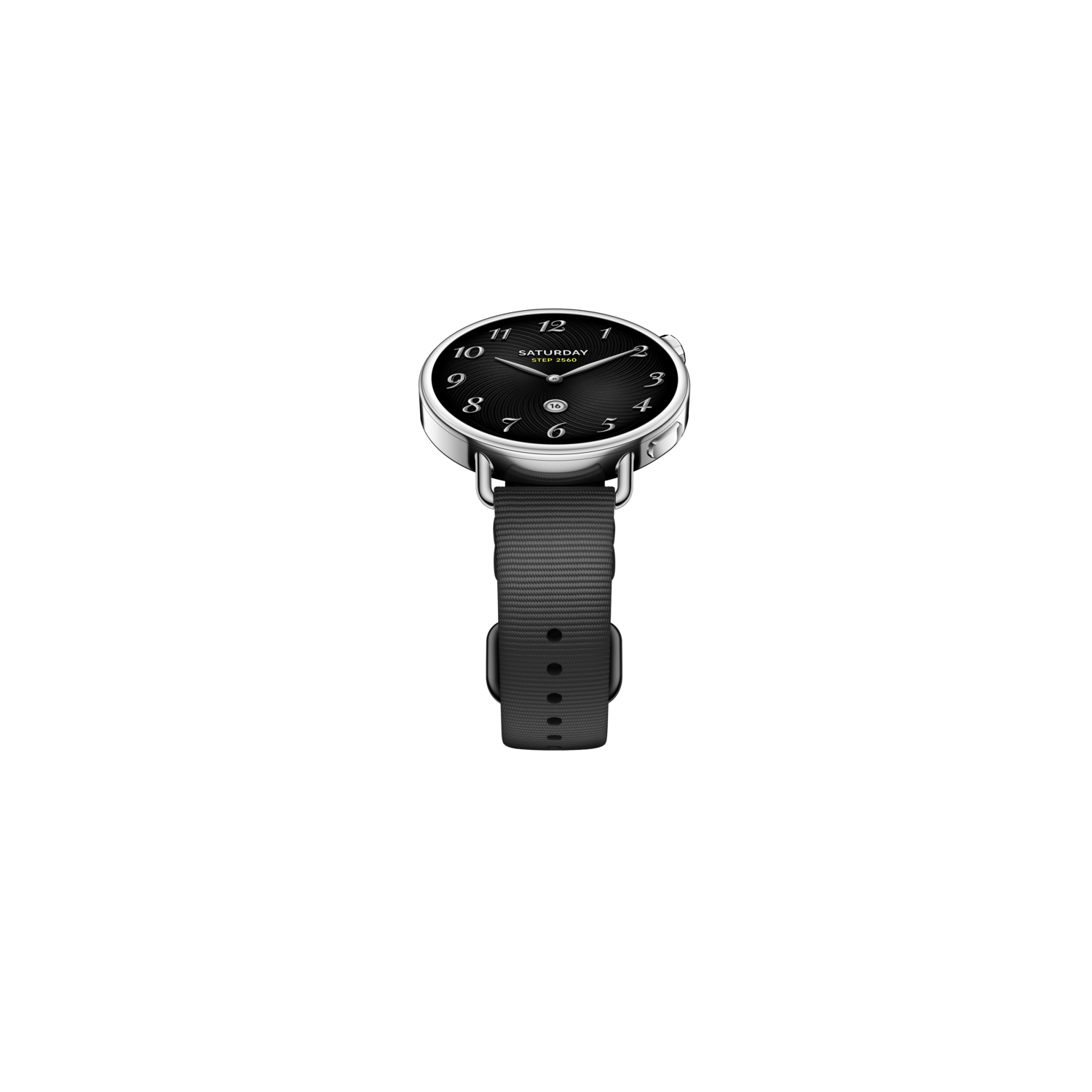 Une montre-bracelet avec un cadran noir, un boîtier argenté et un bracelet noir. Le fond est entièrement noir.