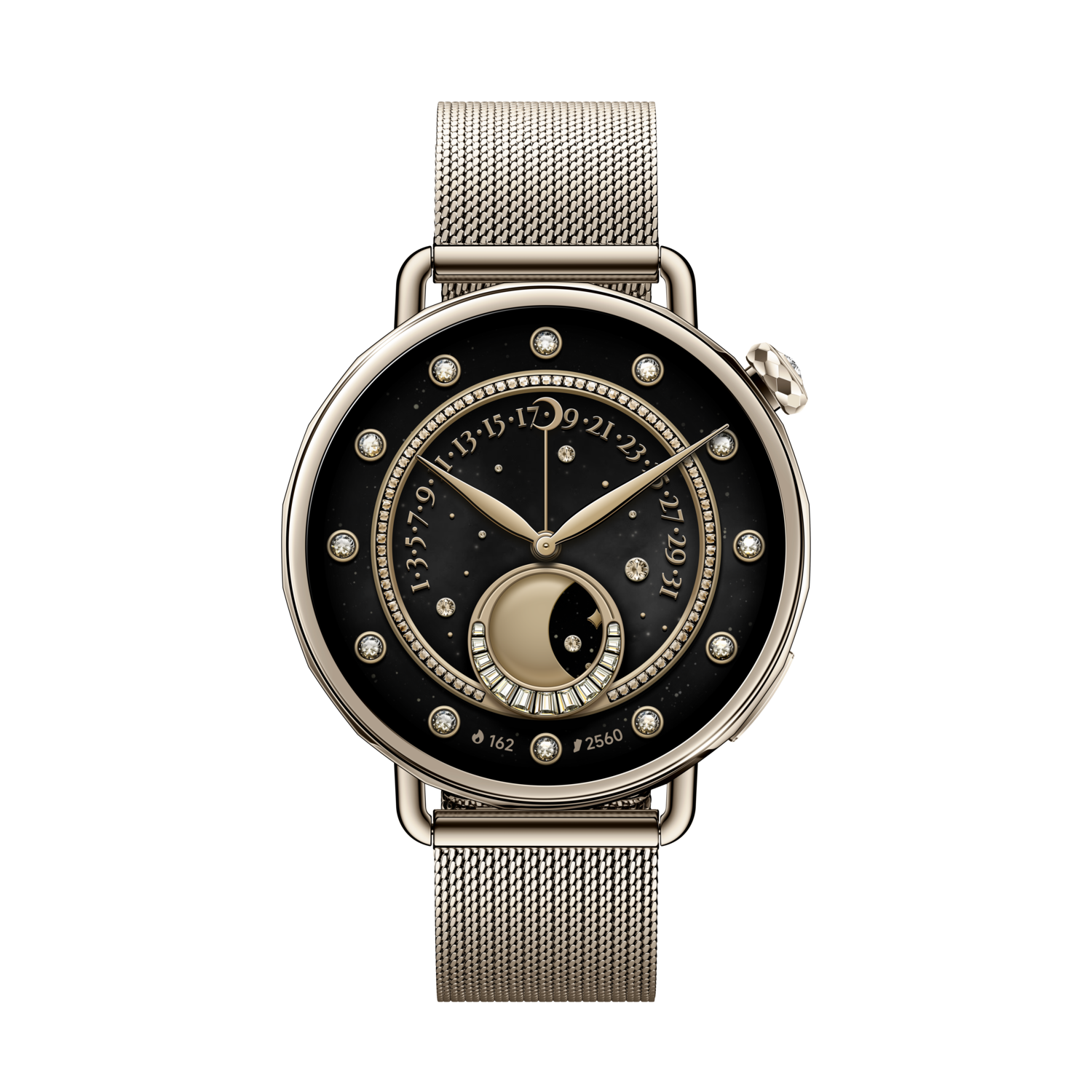 A gold wristwatch with a black face, moon phase, and diamond accents. The band is a mesh of gold-toned metal. The background is black.