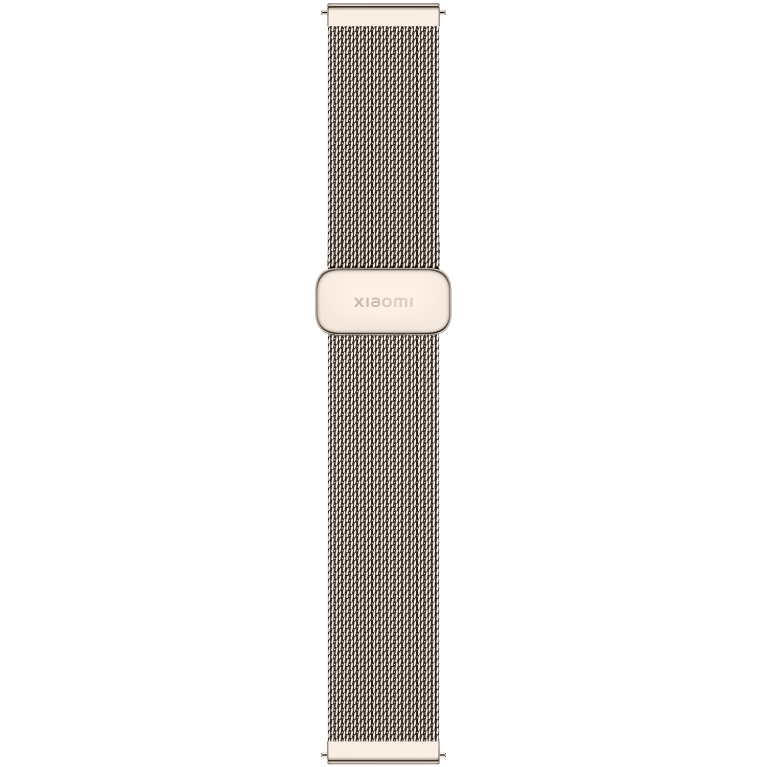 A rose gold watch strap on a black background. It has a mesh design and a clasp with the 'xiaomi' logo.