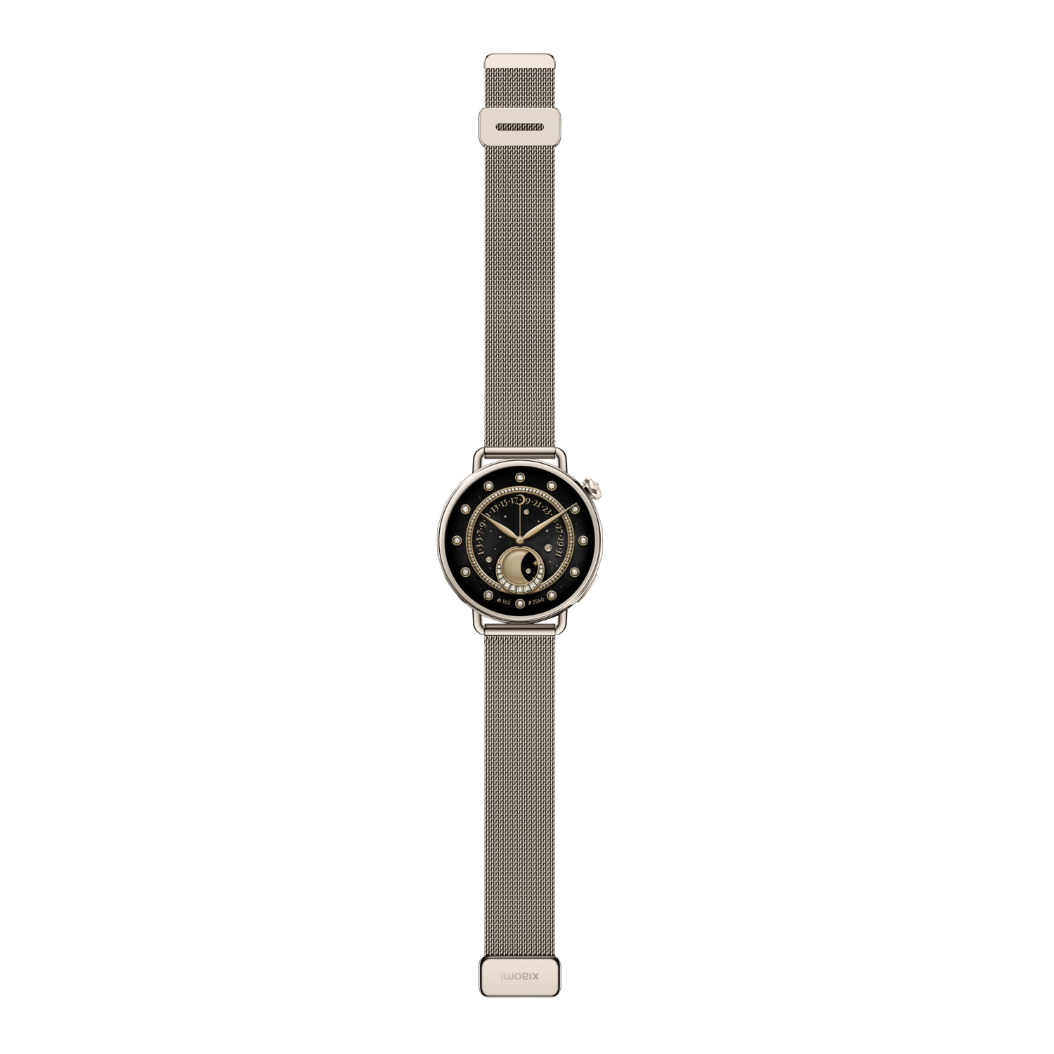 A smartwatch with a black face, gold accents, and a mesh band. The watch displays numbers and a moon phase indicator. The background is black.
