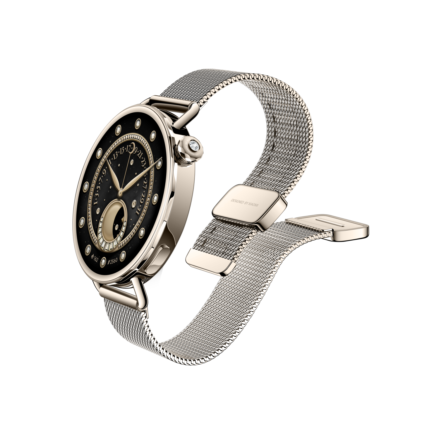 A luxury watch with a black face and silver band is displayed against a black background. The watch is open to show the time.