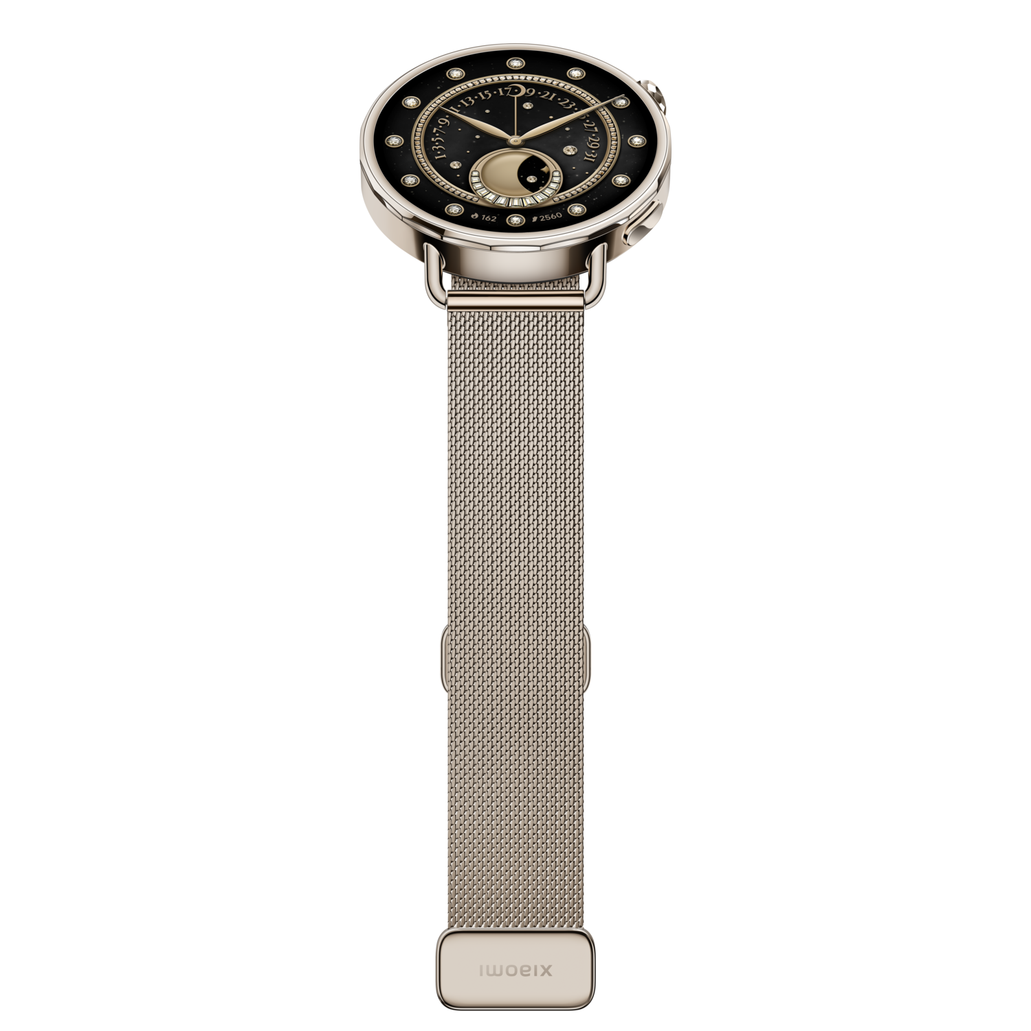 A gold smartwatch with a black face and a metallic band. The face displays numbers and a moon phase indicator. The band has 'xiaomi' text.