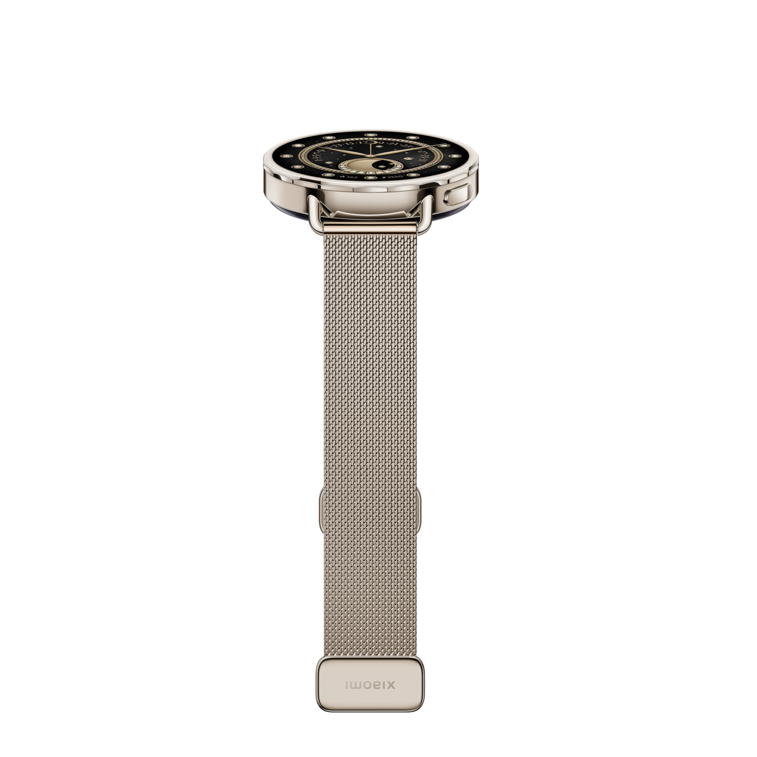 A silver Xiaomi smartwatch on a black background. It has a round face with a black dial and a metallic mesh band.